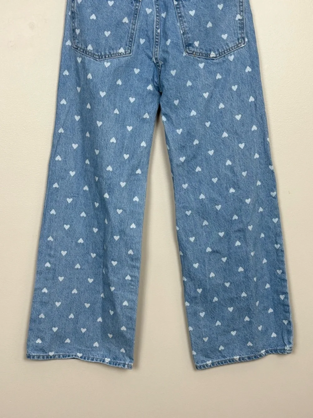 Old Navy Jean Girl 16 Blue Baggy Wide Leg Heart Print High Rise Adjustable Denim